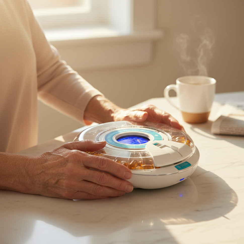 Person using an automatic pill organizer on a table with a cup of coffee in the background