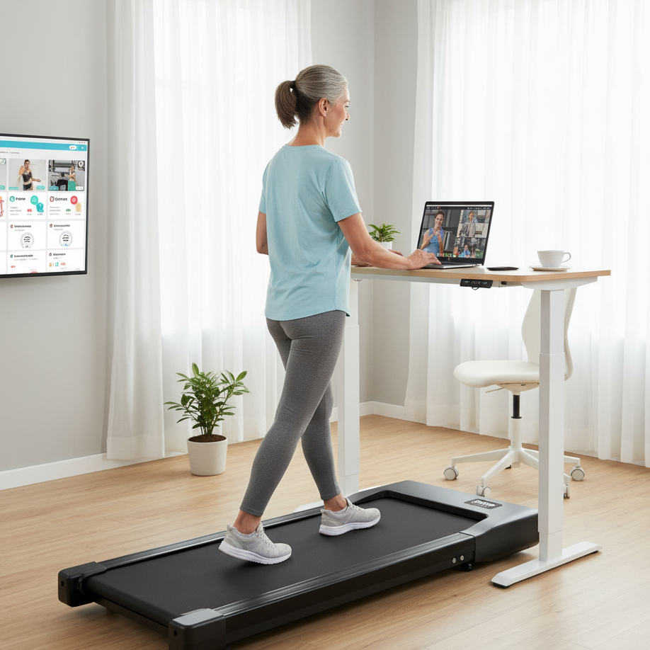 Woman using a treadmill in a home office setting with a desk and computer.