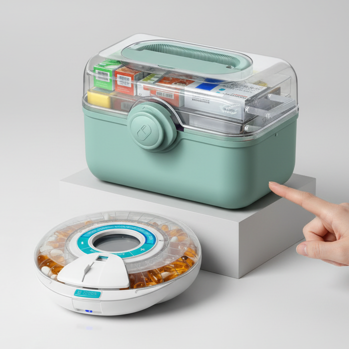 Large storage box on pedstal, pill organizer in front
