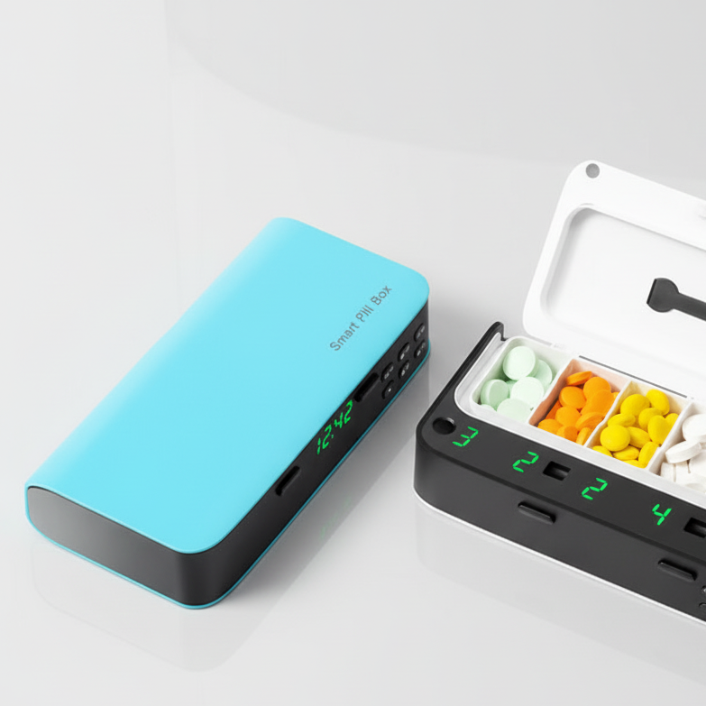 Blue weekly pill organizer closed, with open pill organizer to its right