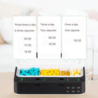 Pill organizer with compartments for different times of the day, displaying medication types.