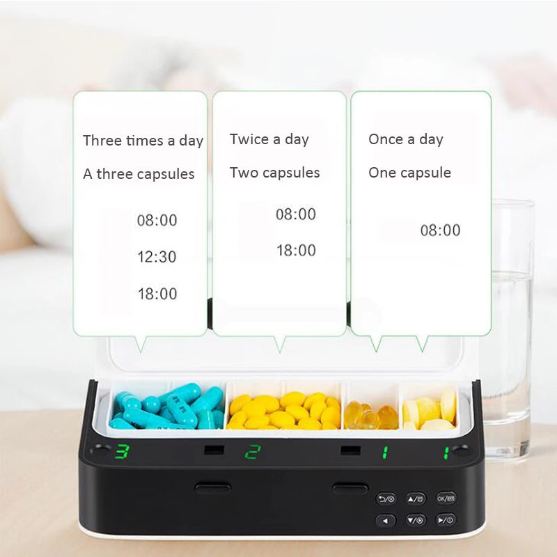 Pill organizer with compartments for different times of the day, displaying medication types.