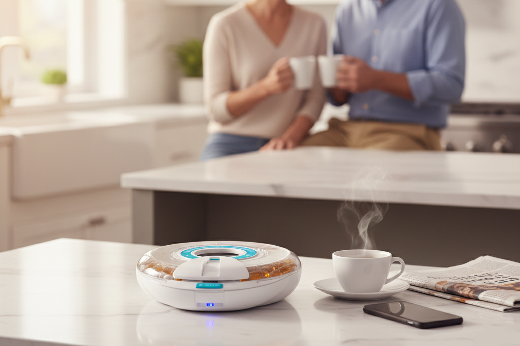 Couple in a kitchen with a coffee maker on the counter