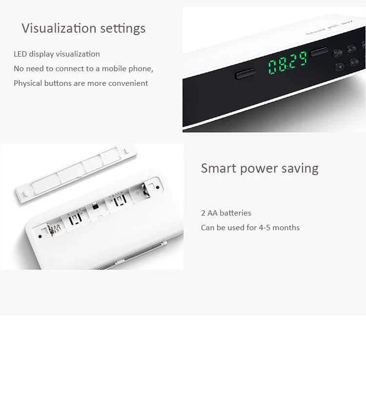 Product display with LED display visualization and smart power saving features on a white background.