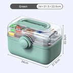 Green storage box with transparent lid showing organized items, dimensions displayed.