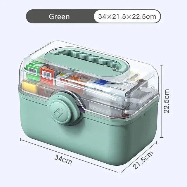 Green storage box with transparent lid showing organized items, dimensions displayed.