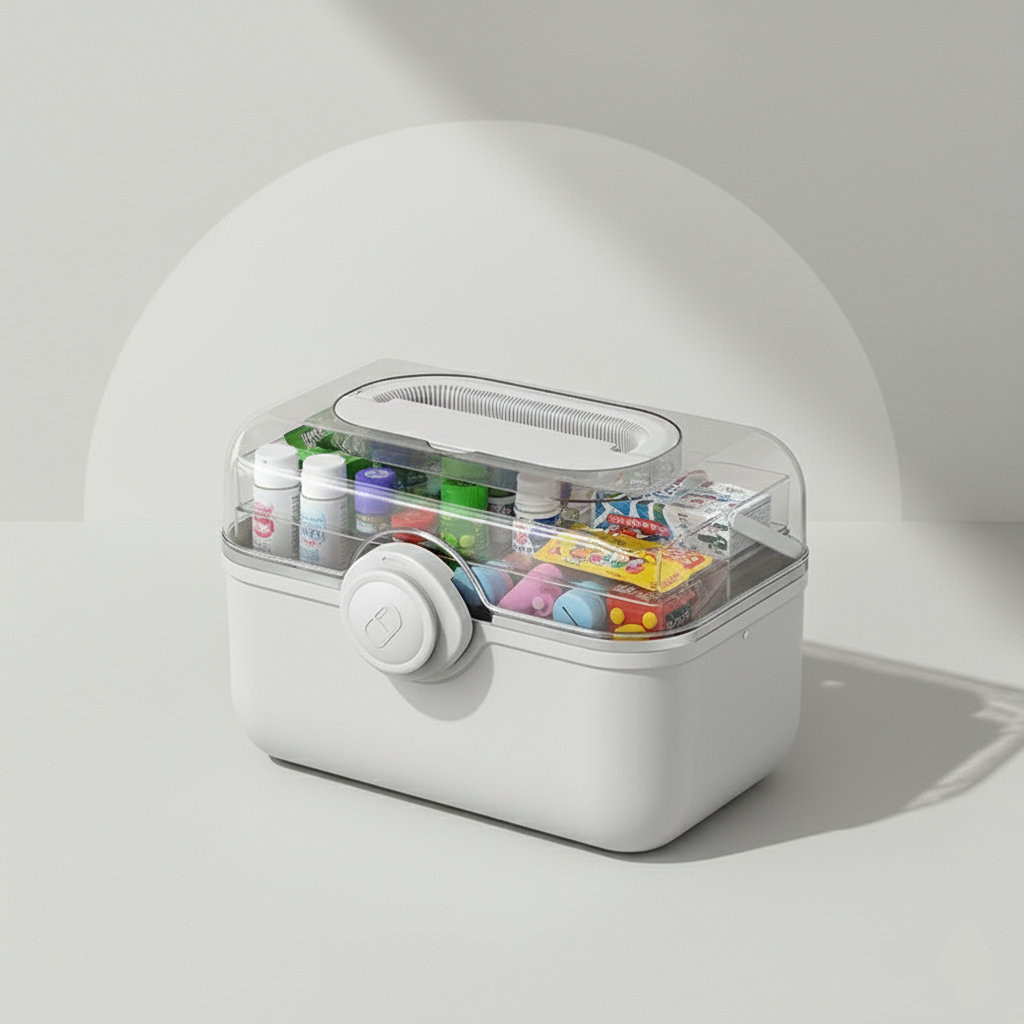Light grey pill organizer with transparent lid on a light gray background