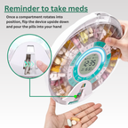 Pill organizer with digital display showing medication compartments and a hand holding pills.