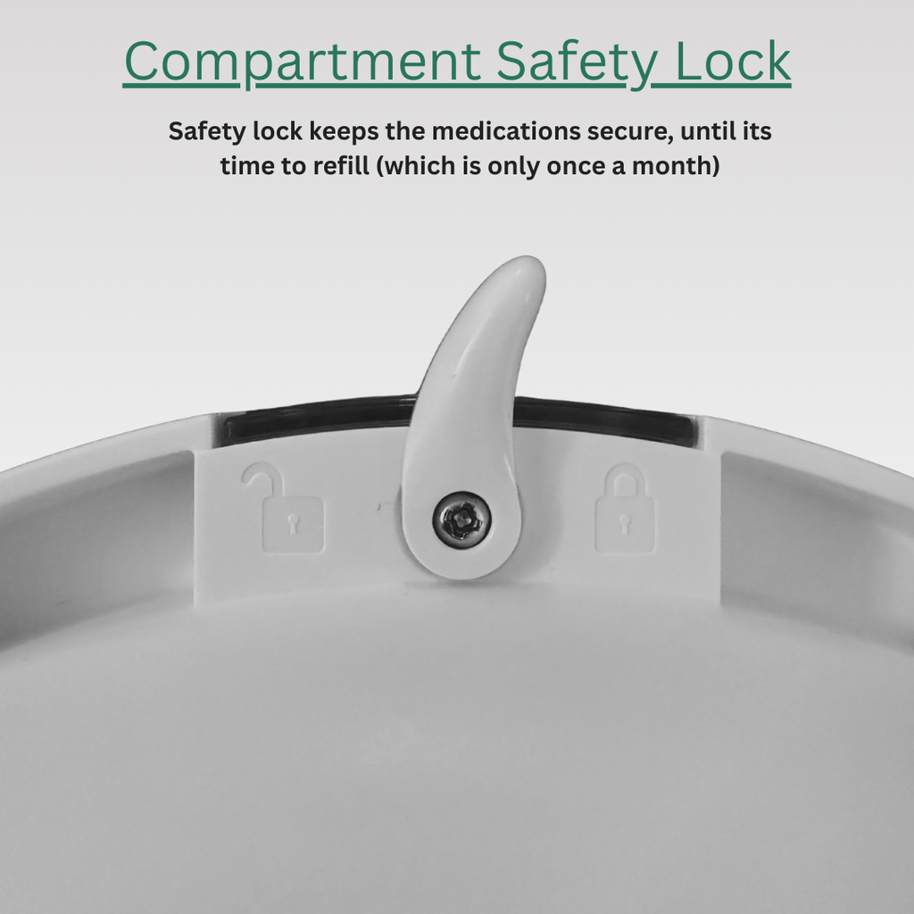 Close-up of a compartment safety lock on a medication container with text explaining its function.