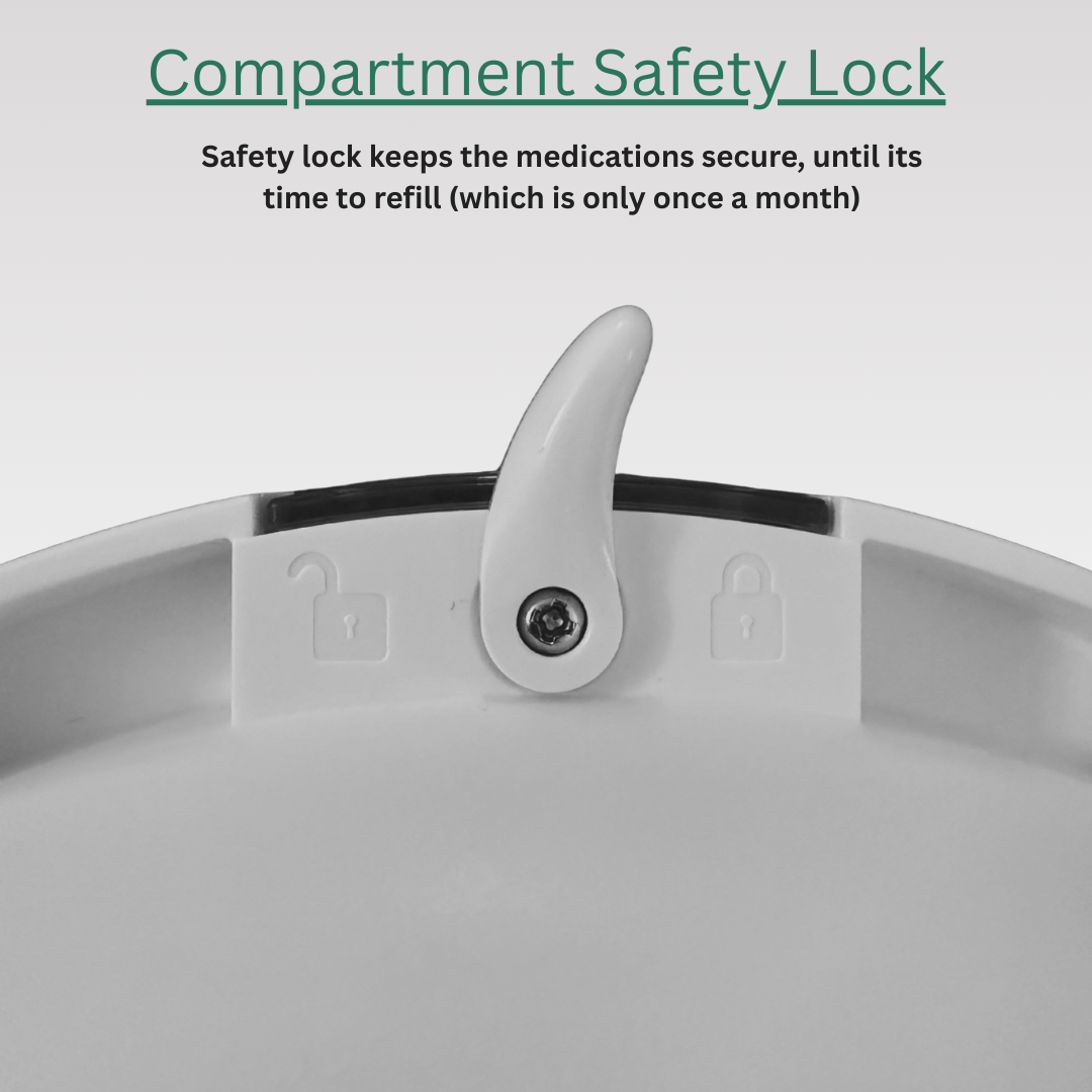 Close-up of a compartment safety lock on a medication container with text explaining its function.