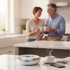 Couple in a kitchen with a coffee maker on the counter