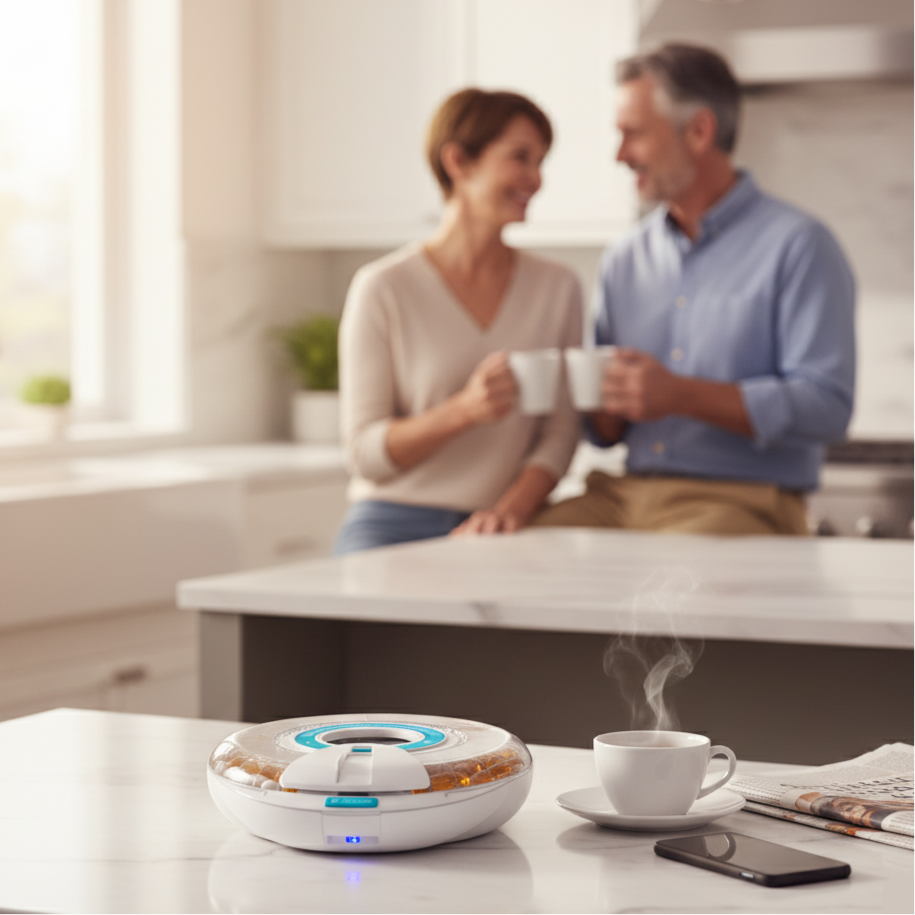 Couple in a kitchen with a coffee maker on the counter