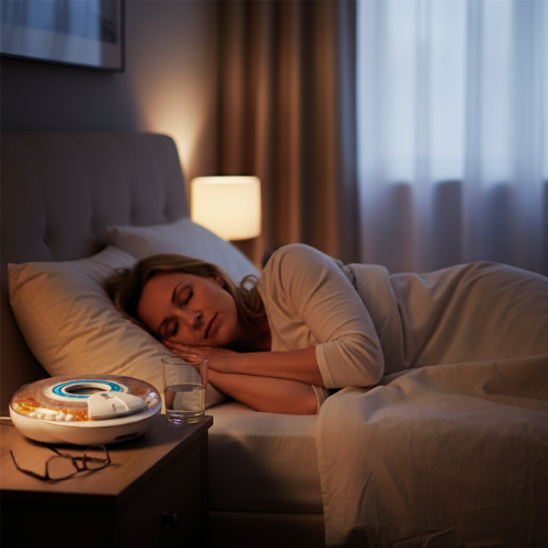 Woman sleeping in bed with a pill organizer on a bedside table.