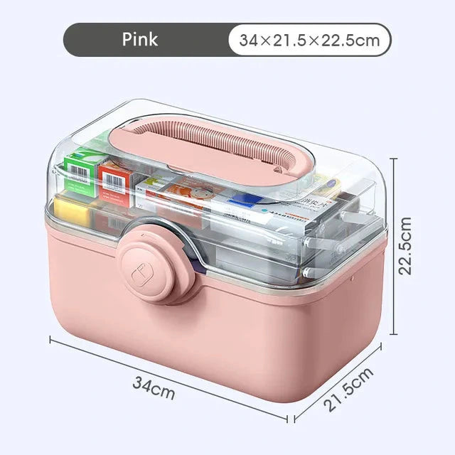 Pink storage box with transparent lid showing stationery items, dimensions displayed.