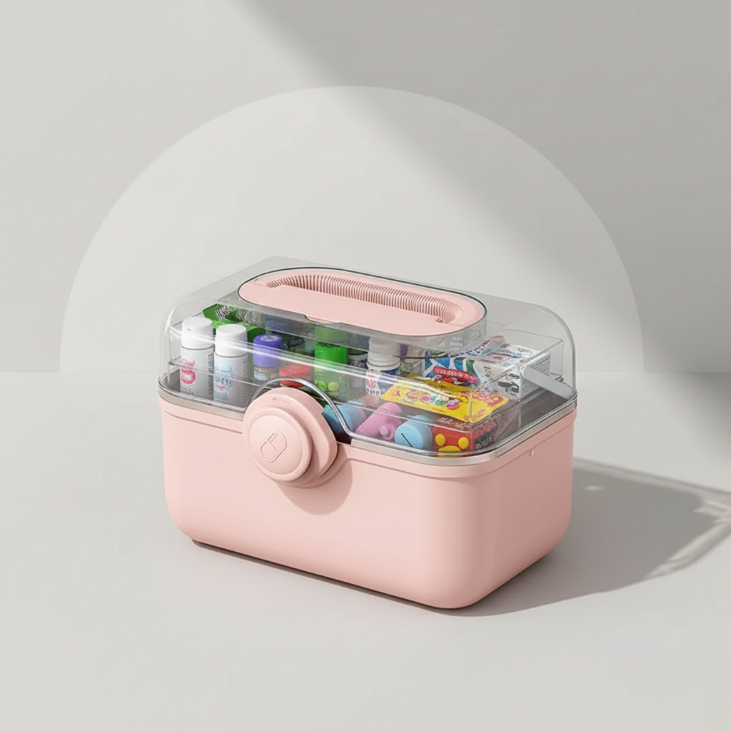 Pink medicine organizer with various pills on a light gray background