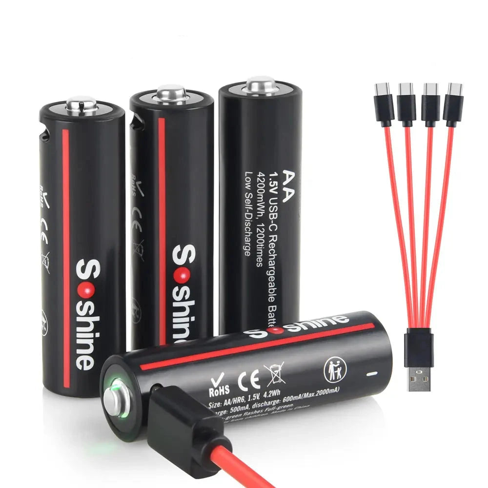 AA  rechargeable batteries with USB cable on a white background