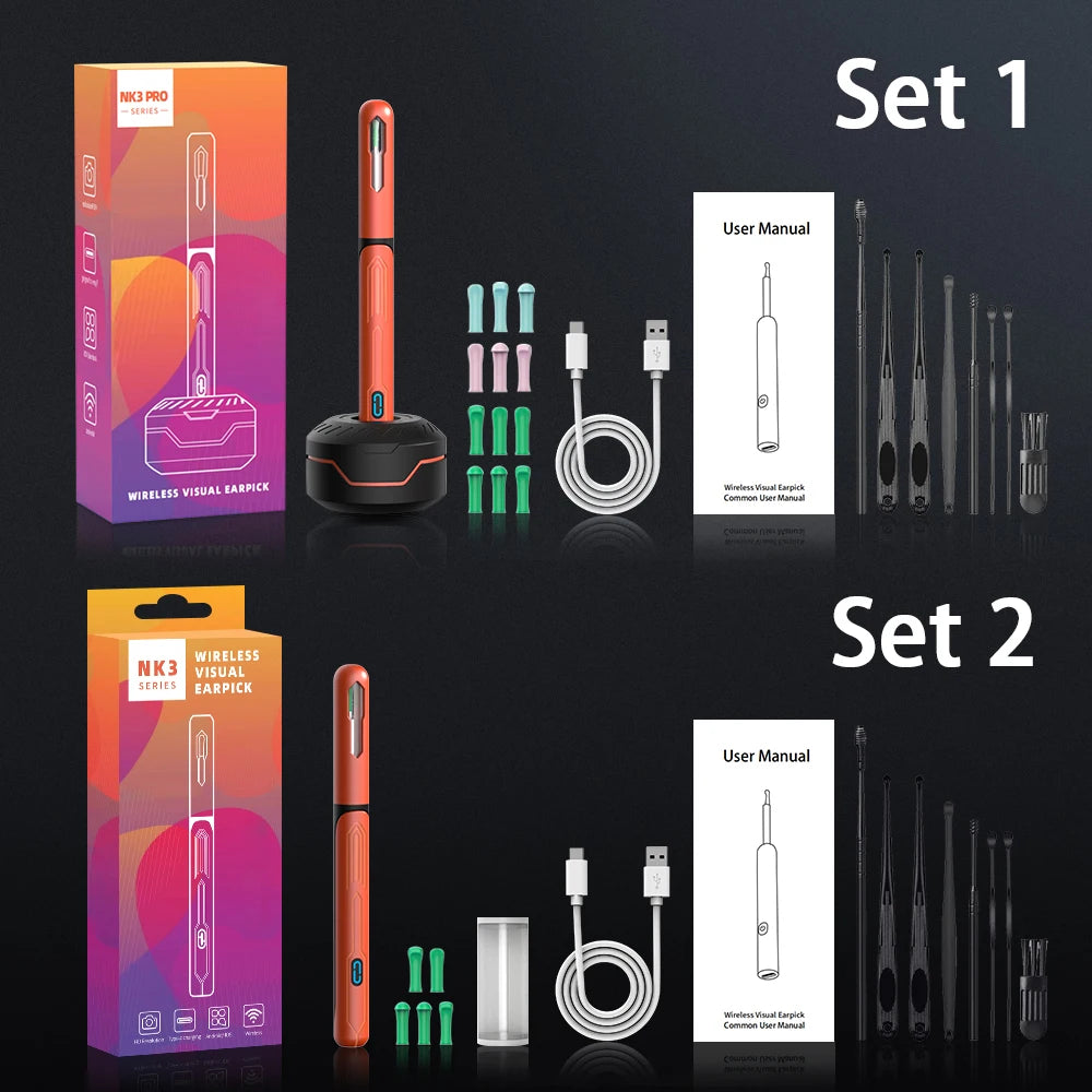 Two sets of wireless visual graphic pens with packaging, pens, and accessories on a black background.
