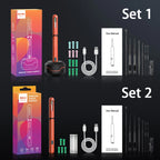 Two sets of wireless visual graphic pens with packaging, pens, and accessories on a black background.