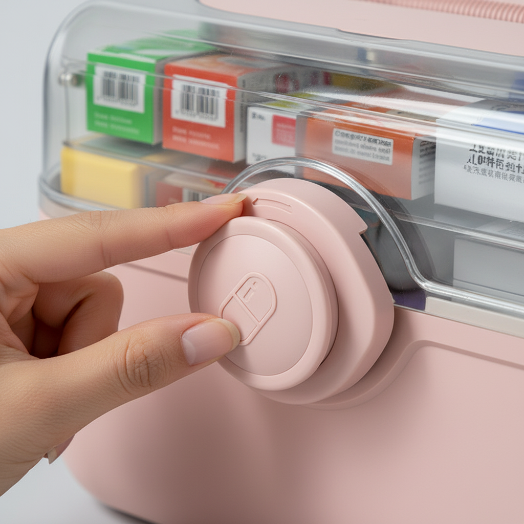 Pink container with a hand pressing a button on a white background