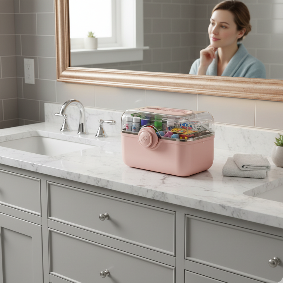 Bathroom vanity with a pink storage box on the counter, woman reflected in mirror.