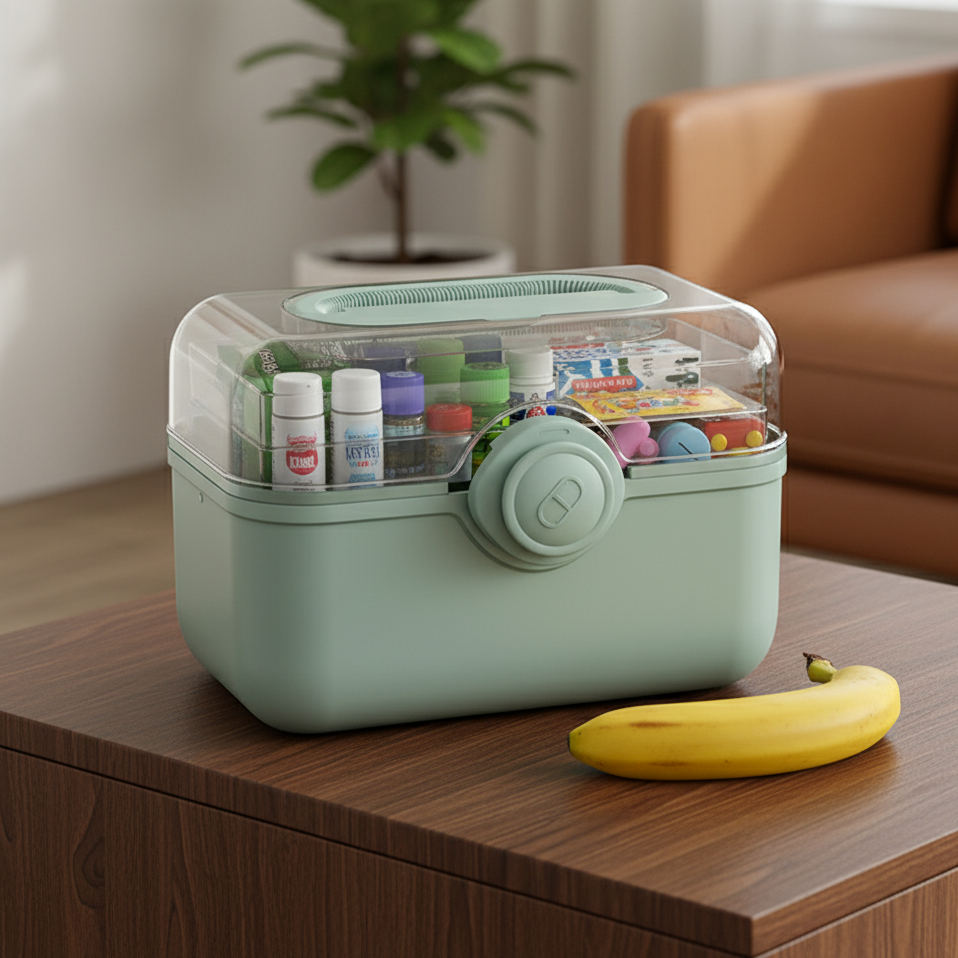 Green storage container with items on a wooden table in a living room setting