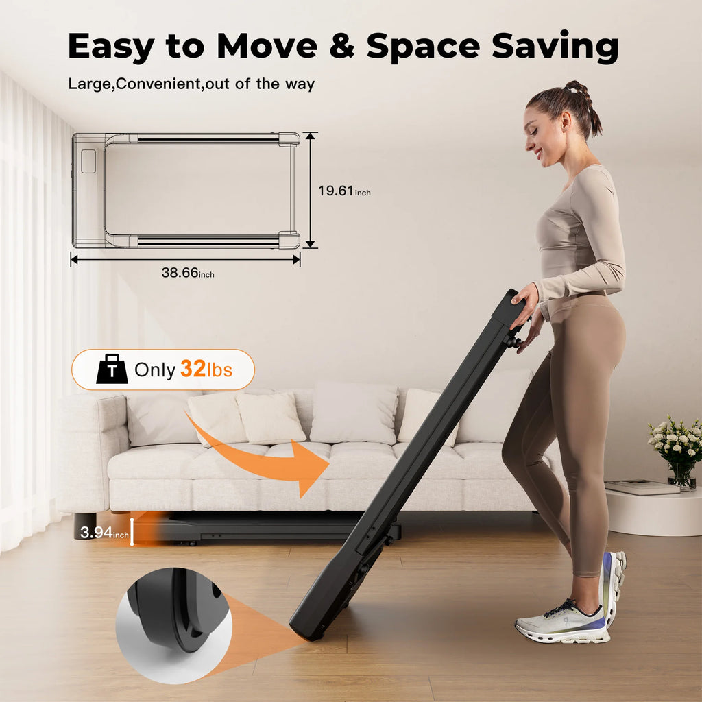 Woman holding a large, space-saving product with dimensions and weight displayed.