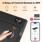 PitPat smart walking pad with remote control and app interface on a beige background