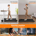 Woman using a treadmill in different modes with text indicating speed ranges and weather conditions.