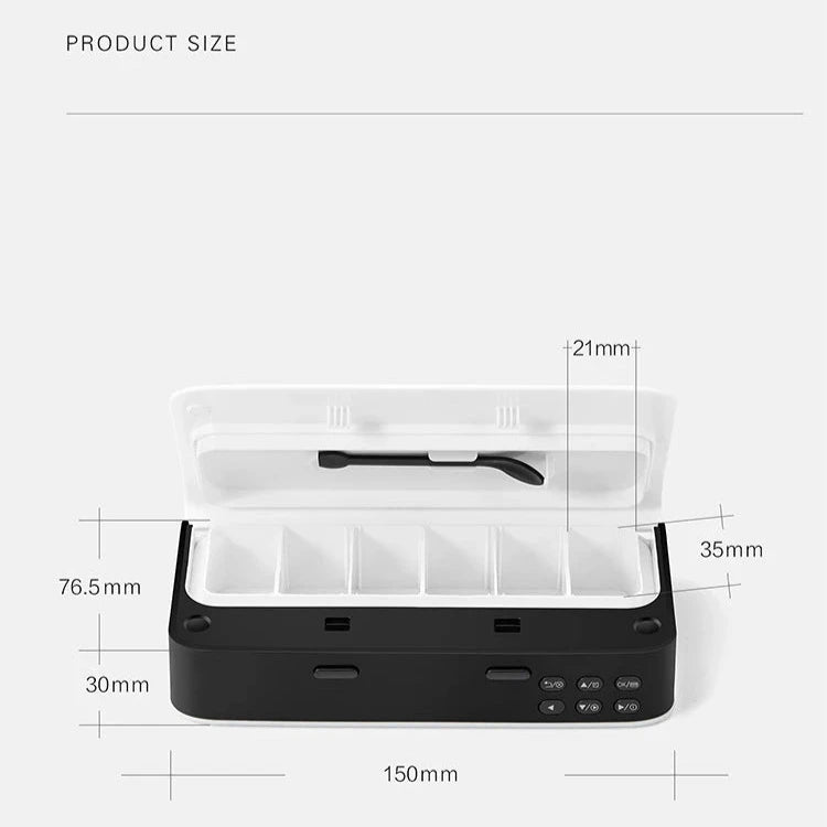 Black and white product case with measurement details on a white background
