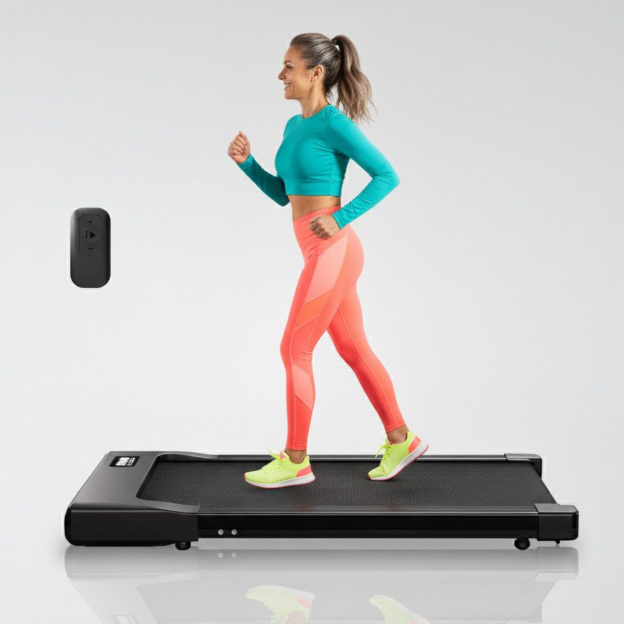 Woman running on a treadmill with a smartphone app displayed on a screen.