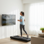 Woman exercising on a treadmill in a modern living room.