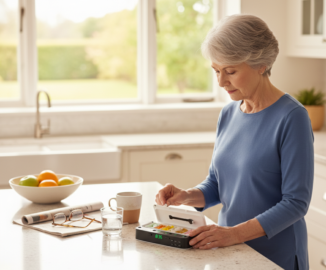 Woman in a kitchen taken a pill from the pill organizer