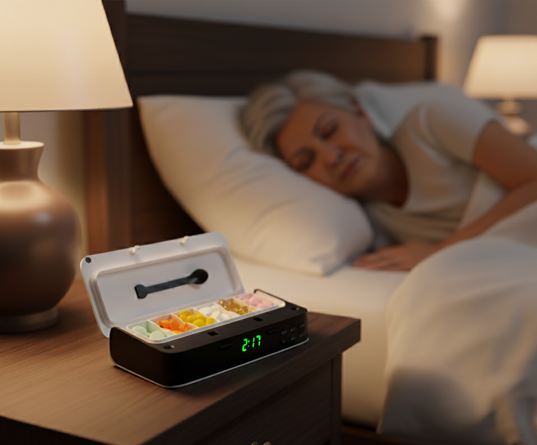 Woman sleeping in bed with a nightstand and pill organizer showing the time