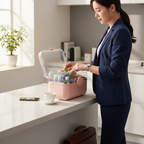 Woman in a kitchen organizing items in a pink and clear container.