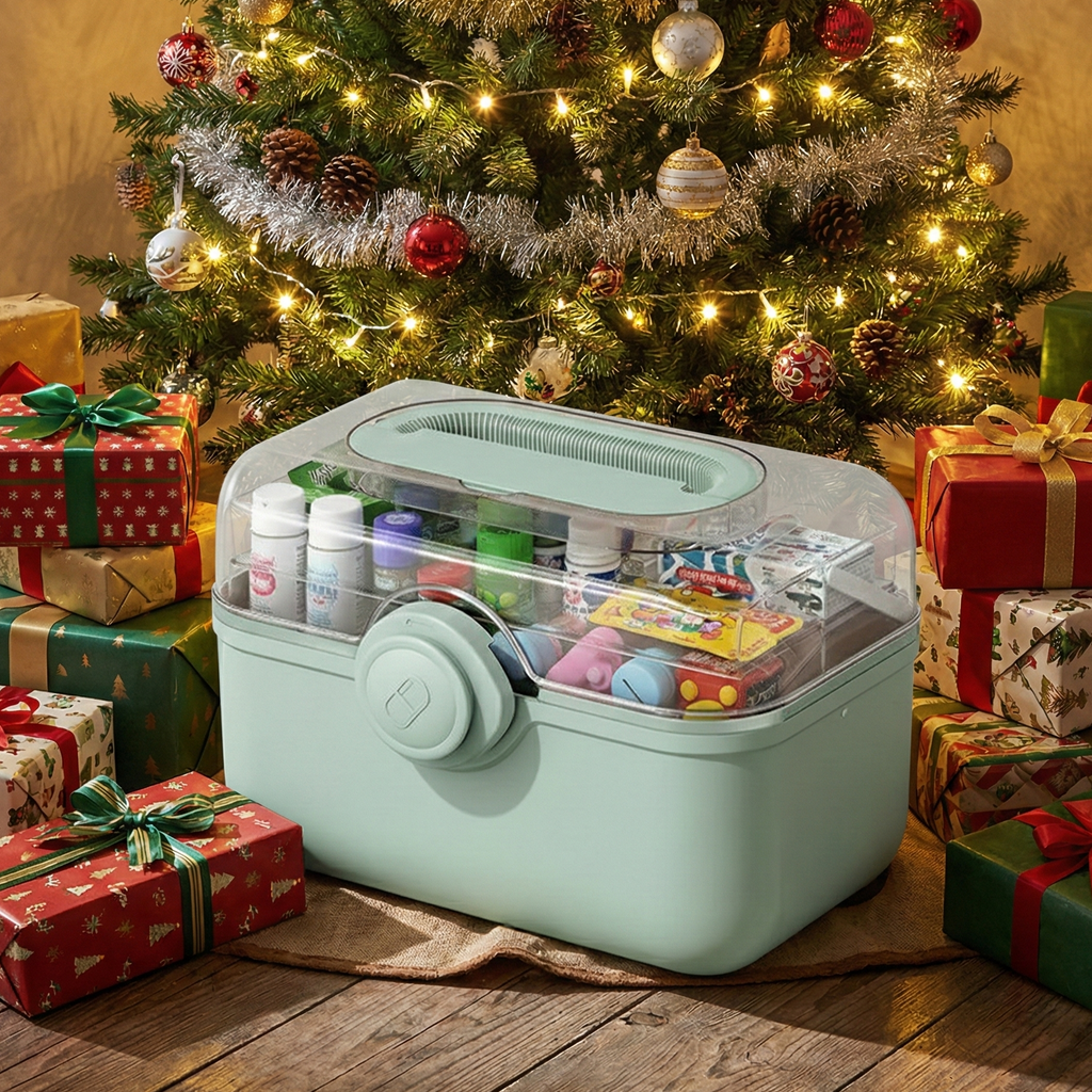 Mint green toy organizer with toys inside, placed in front of a decorated Christmas tree and presents.