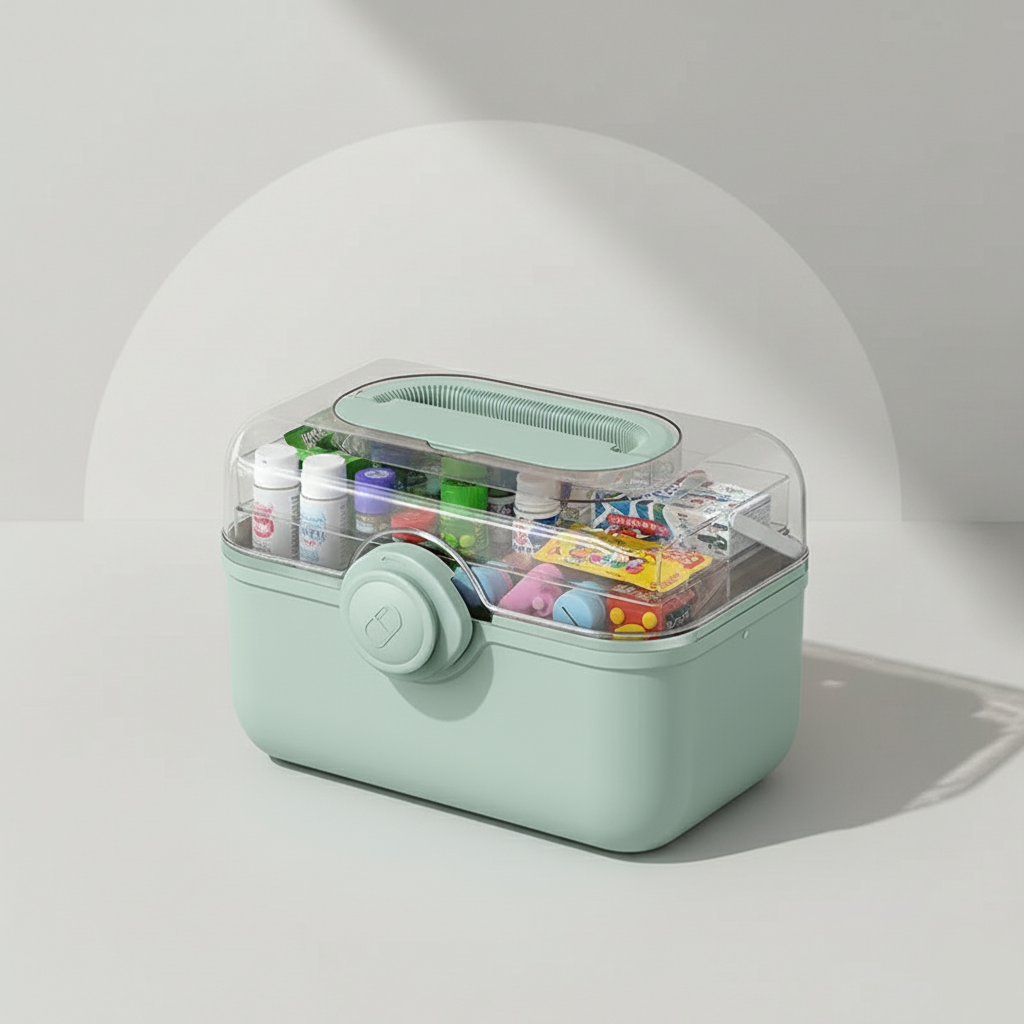 green medicine organizer  light gray background