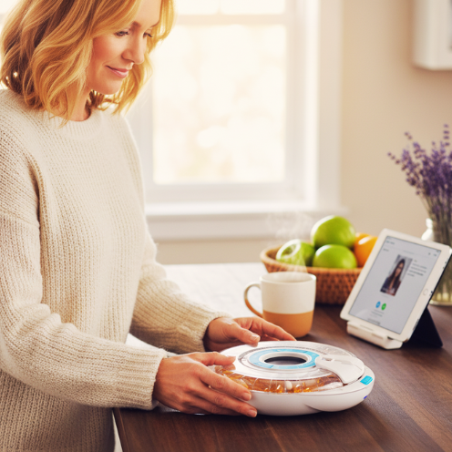 Woman using a signature automatic pill organizer with a tablet on a table.
